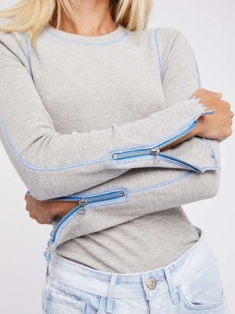 Free People Zip It Waffle Thermal Zipper Cuff Long Sleeve Grey Blue Trim XS